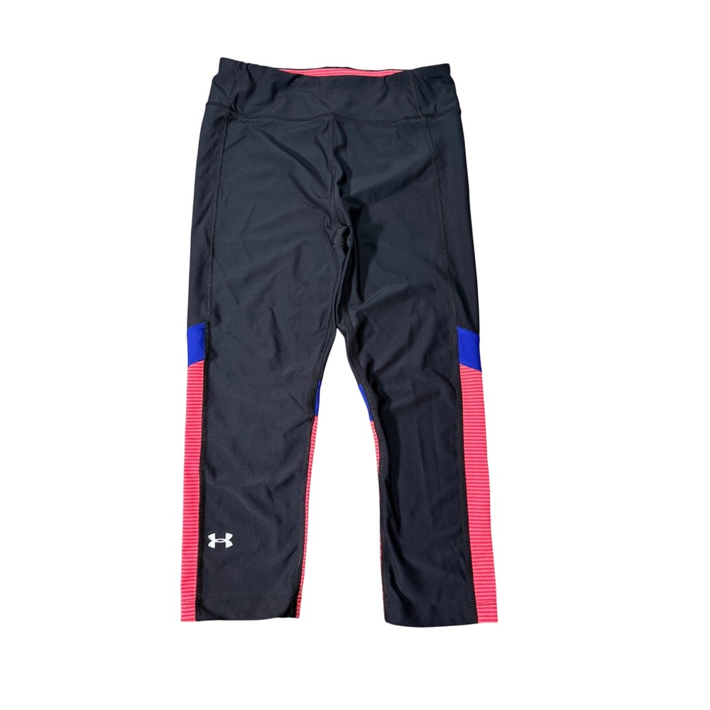 Under Armour HeatGear Compression Capri Leggings Black Pink Blue‎ Stripe S